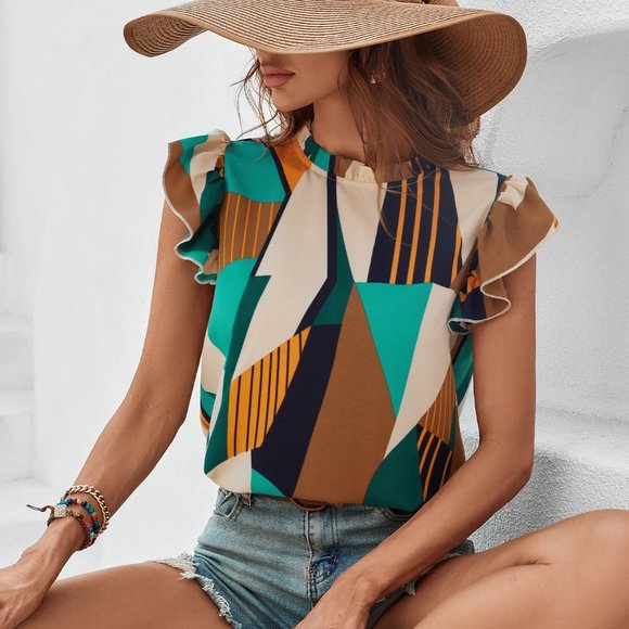 Tops - New Mock Neck Lettuce Trim Ruffle Blouse Colorblock